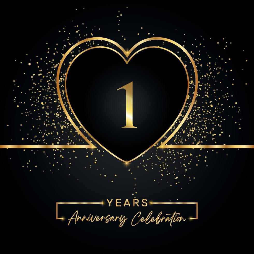 1 Jahre Jubiläumsfeier mit goldenem Herz und Goldglitter auf schwarzem Hintergrund. Vektordesign für Gruß, Geburtstagsfeier, Hochzeit, Eventparty. 1 Jahre Jubiläumslogo vektor
