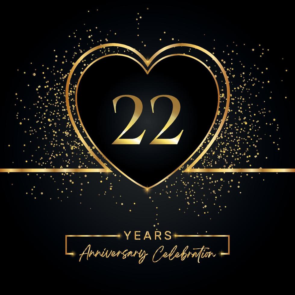 22 Jahre Jubiläumsfeier mit Goldherz und Goldglitter auf schwarzem Hintergrund. Vektordesign für Gruß, Geburtstagsfeier, Hochzeit, Eventparty. 22 Jahre Jubiläumslogo vektor