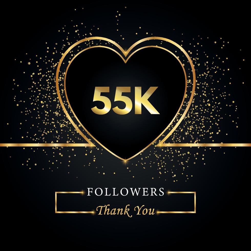 Danke 55.000 oder 55.000 Follower mit Herz und Goldglitter isoliert auf schwarzem Hintergrund. Grußkartenvorlage für Freunde und Anhänger sozialer Netzwerke. Danke, Follower, Leistung. vektor