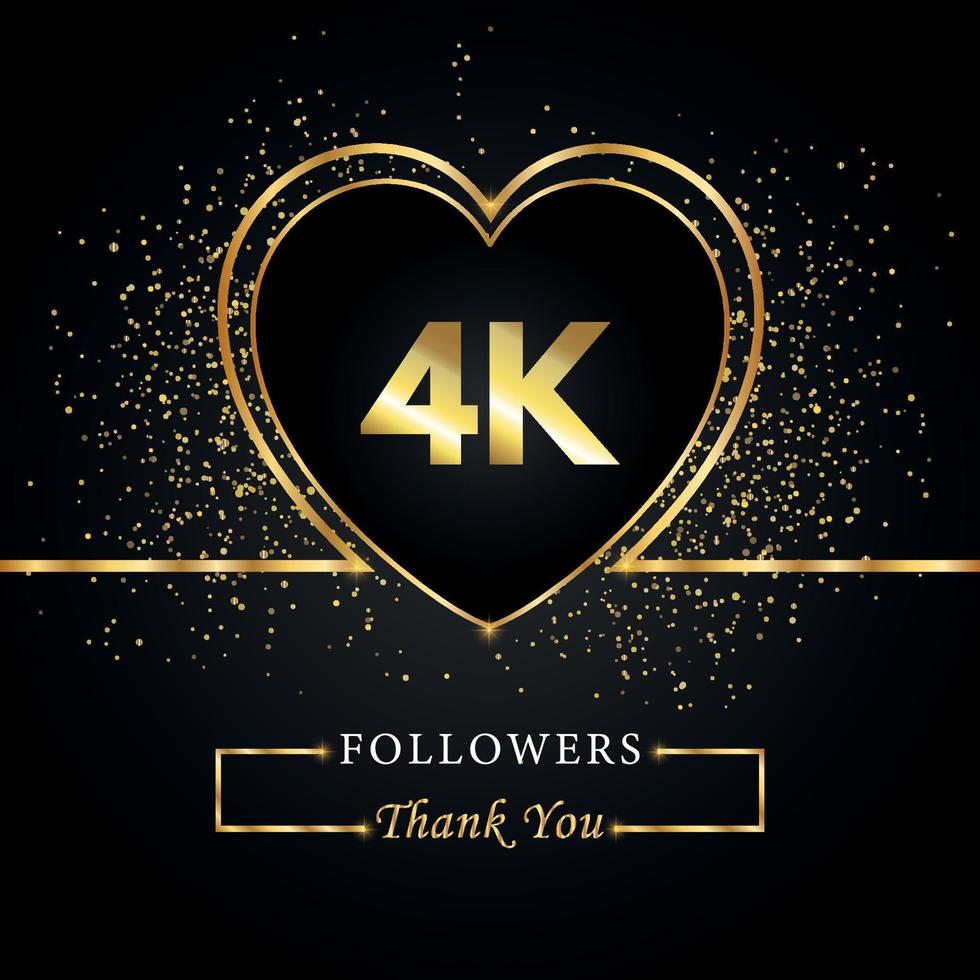 Danke 4k oder 4.000 Follower mit Herz und Goldglitter isoliert auf schwarzem Hintergrund. Grußkartenvorlage für Freunde und Anhänger sozialer Netzwerke. Danke, Follower, Leistung. vektor