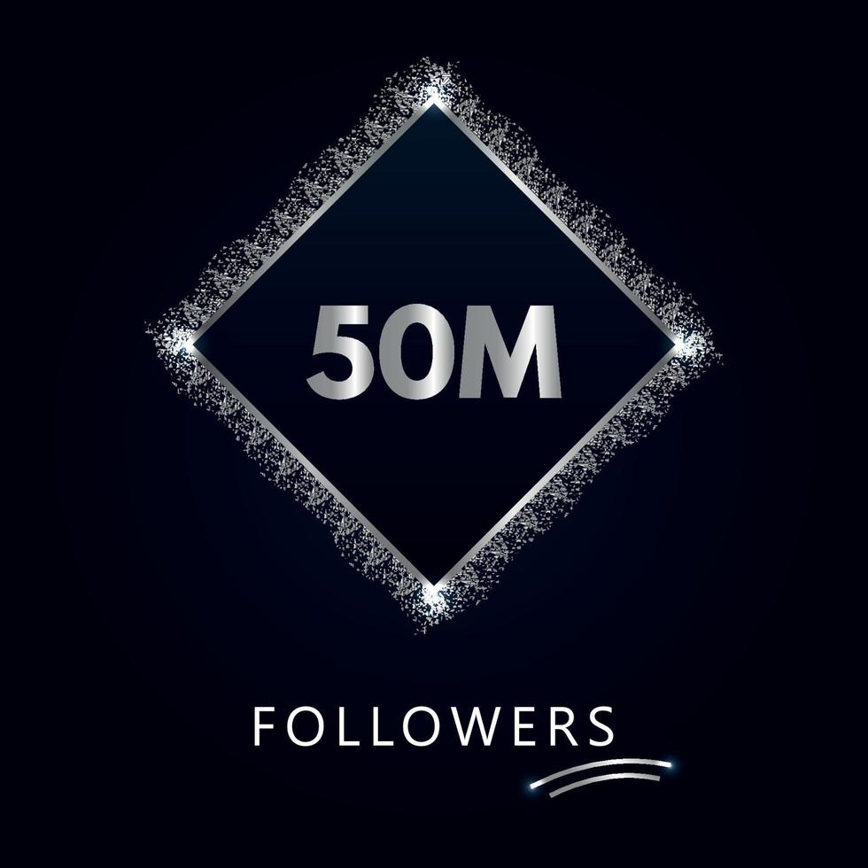 50m med silverglitter isolerat på en marinblå bakgrund. gratulationskortmall för sociala nätverk som gillar, prenumeranter, firande, vänner och följare. 50 miljoner följare vektor