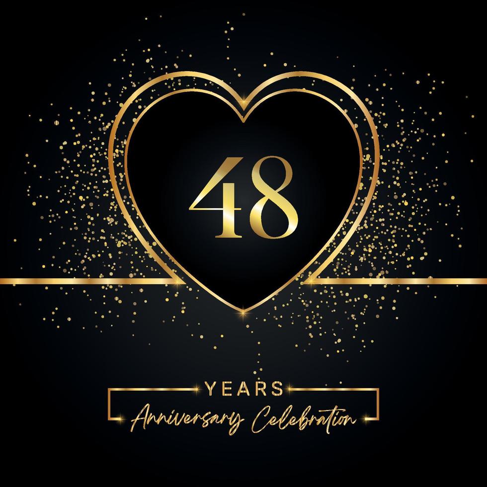 48 Jahre Jubiläumsfeier mit Goldherz und Goldglitter auf schwarzem Hintergrund. Vektordesign für Gruß, Geburtstagsfeier, Hochzeit, Eventparty. 48 Jahre Jubiläumslogo vektor