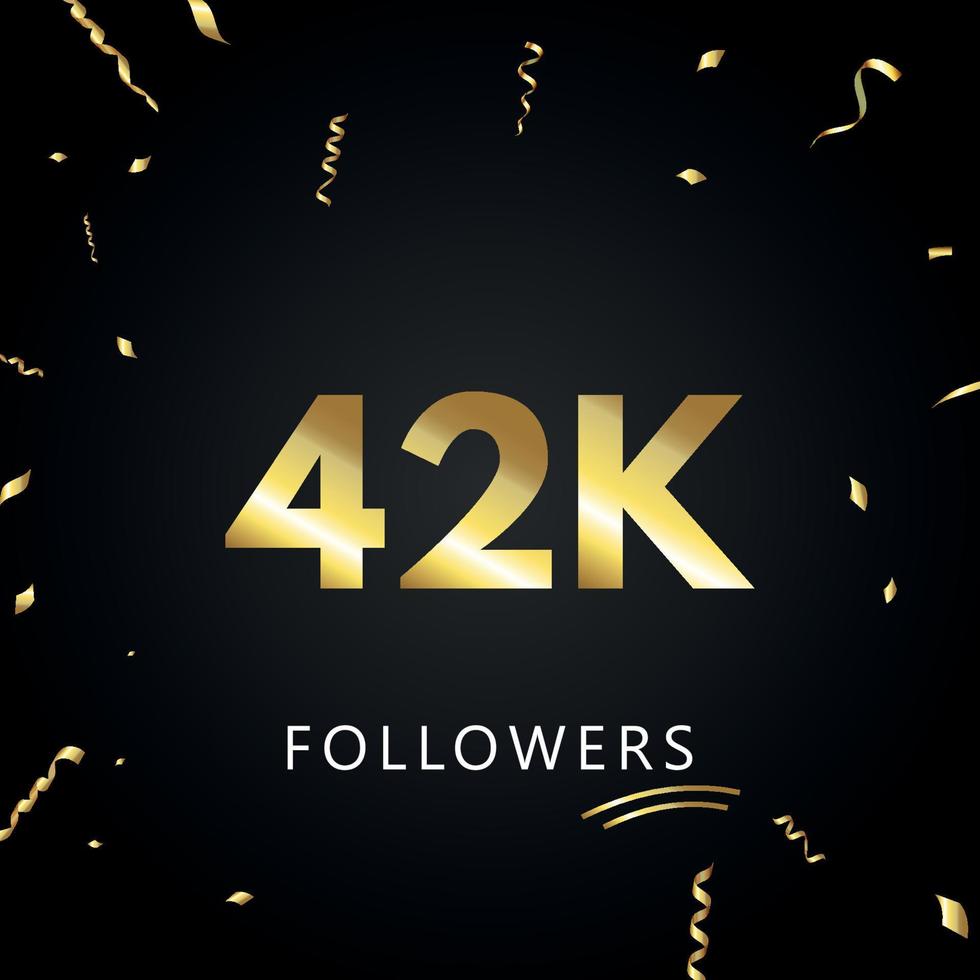 42.000 oder 42.000 Anhänger mit goldenem Konfetti isoliert auf schwarzem Hintergrund. Grußkartenvorlage für Freunde und Anhänger sozialer Netzwerke. Danke, Follower, Leistung. vektor