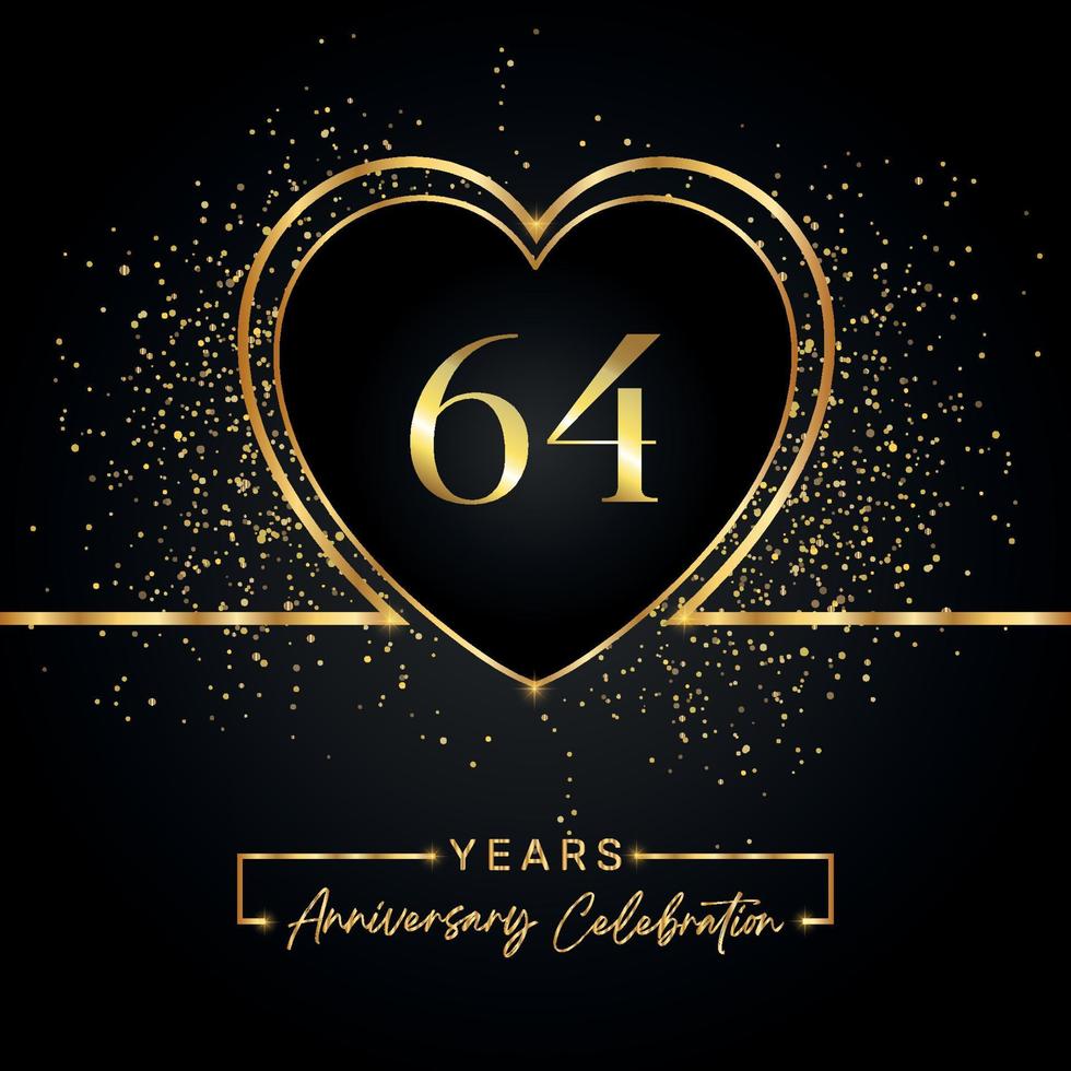 64 Jahre Jubiläumsfeier mit Goldherz und Goldglitter auf schwarzem Hintergrund. Vektordesign für Gruß, Geburtstagsfeier, Hochzeit, Eventparty. 64 Jahre Jubiläumslogo vektor