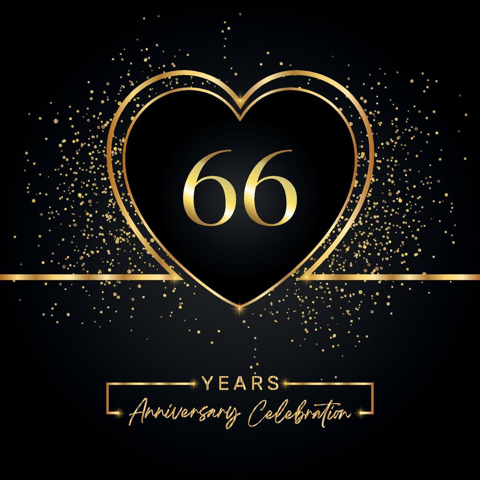 66 års jubileumsfirande med guldhjärta och guldglitter på svart bakgrund. vektordesign för hälsning, födelsedagsfest, bröllop, evenemangsfest. 66 års jubileumslogga vektor