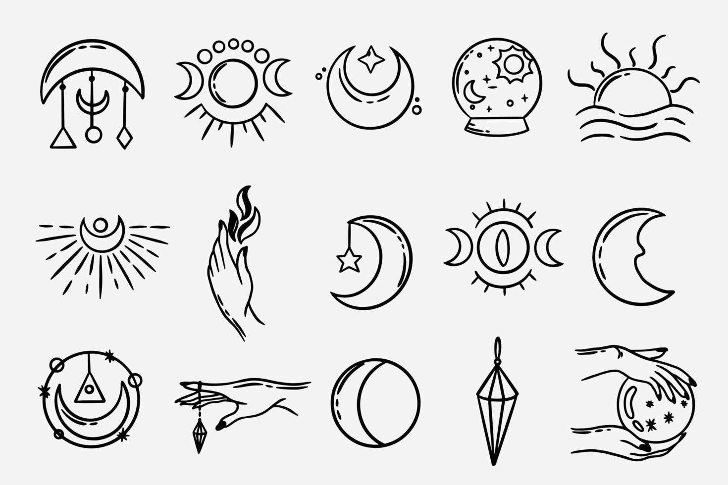 set sammlung mystisch himmlisch dunkel heilig einfach minimalismus tattoo clipart symbol raum gekritzel esoterisch elemente vintage illustration vektor