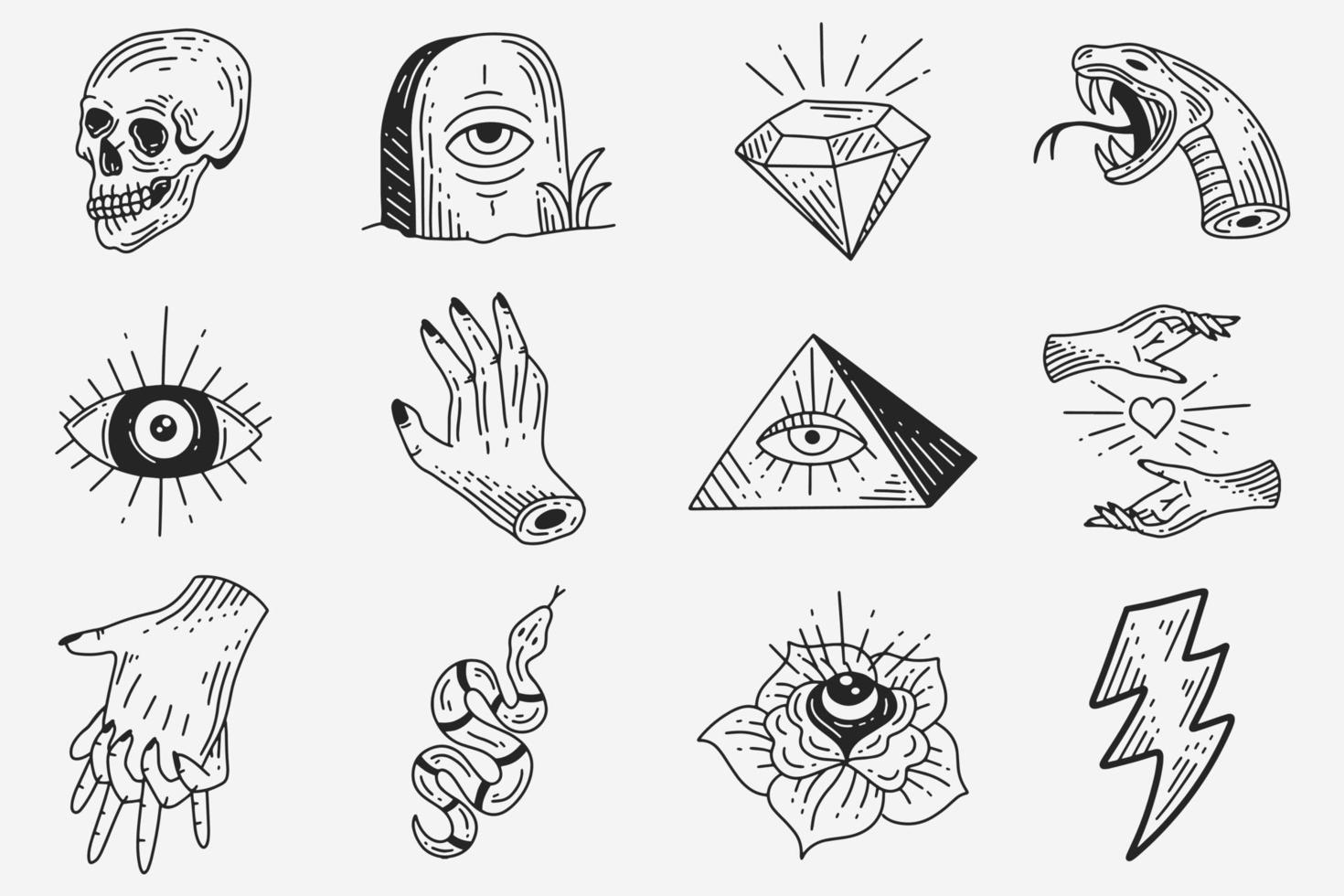 set sammlung mystisch himmlisch dunkel heilig einfach minimalismus tattoo clipart symbol raum gekritzel esoterisch elemente vintage illustration vektor