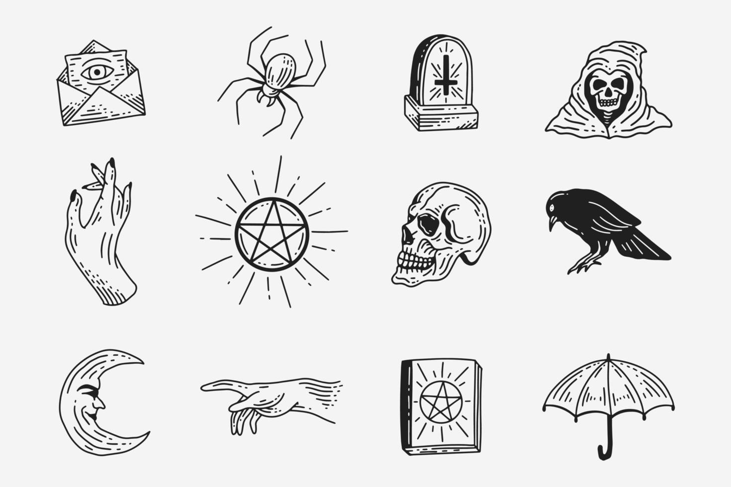 set sammlung mystisch himmlisch dunkel heilig einfach minimalismus tattoo clipart symbol raum gekritzel esoterisch elemente vintage illustration vektor