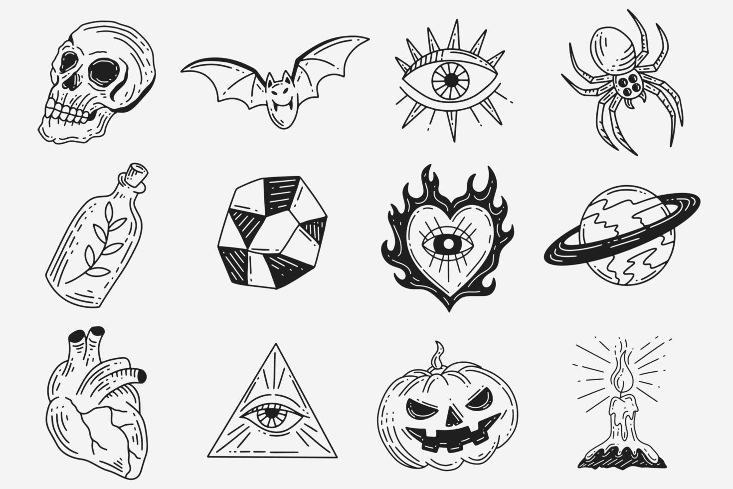 set sammlung mystisch himmlisch dunkel heilig einfach minimalismus tattoo clipart symbol raum gekritzel esoterisch elemente vintage illustration vektor