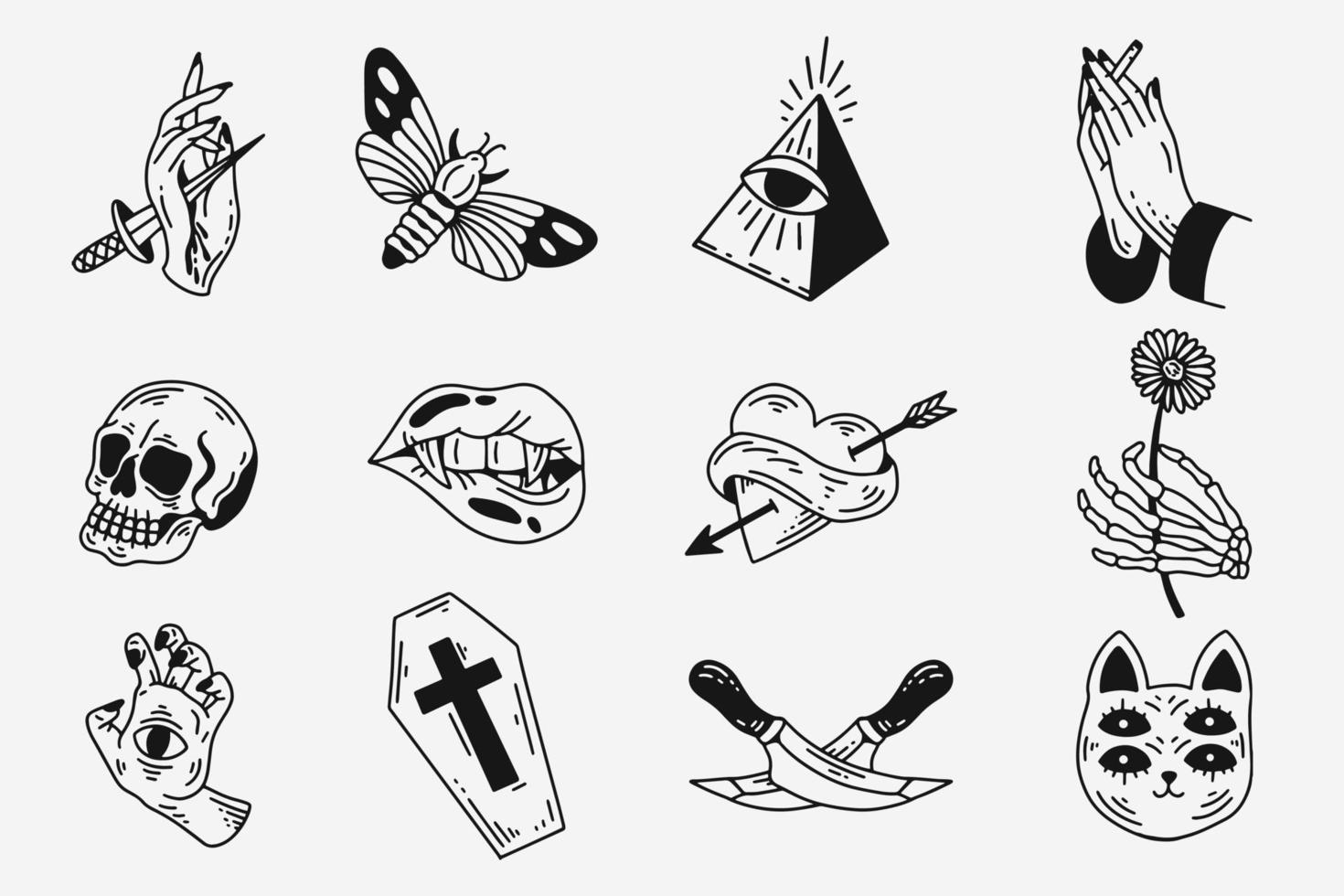 set sammlung mystisch himmlisch dunkel heilig einfach minimalismus tattoo clipart symbol raum gekritzel esoterisch elemente vintage illustration vektor