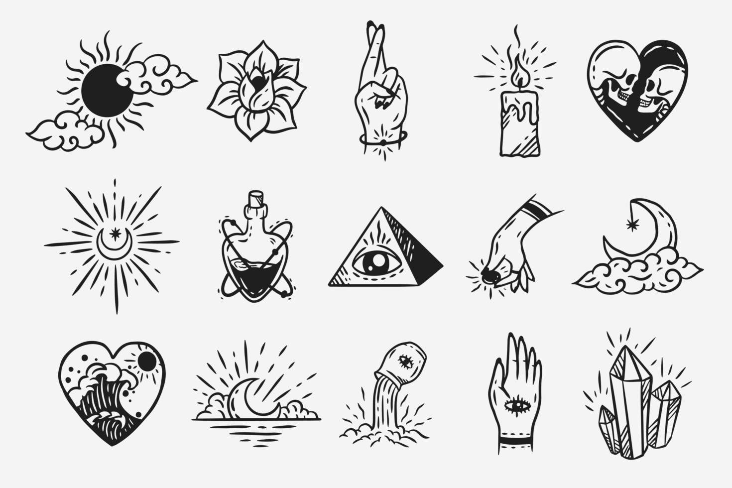 set sammlung mystisch himmlisch dunkel heilig einfach minimalismus tattoo clipart symbol raum gekritzel esoterisch elemente vintage illustration vektor