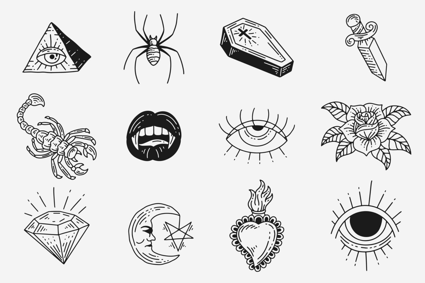 set samling mystiska himmelska mörk helig enkel minimalism tatuering clipart symbol utrymme doodle esoteriska element vintage illustration vektor