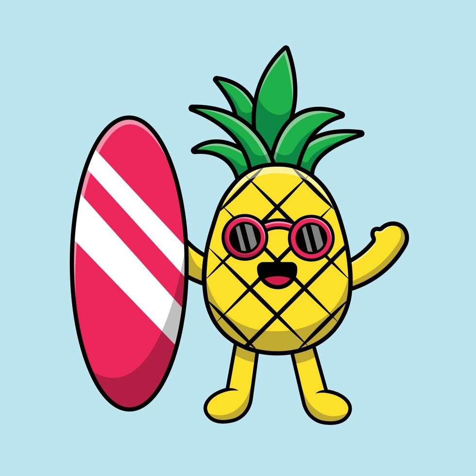 söt ananas med surfbräda tecknad vektor ikonillustration. sommar frukt ikon koncept isolerade premium vektor.