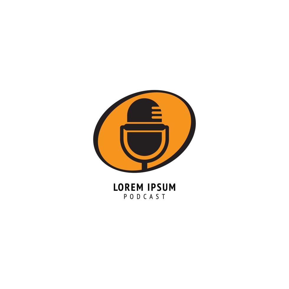 Minimale Podcast-Logo-Designvorlage. Silhouette Retro-Mikrofon-Symbol-Illustration mit gelber ovaler Ellipsenform dahinter. Stand-up-Comedy-Logo. Rundfunk, Moderator, Ansager, Moderator, Radiosender. vektor