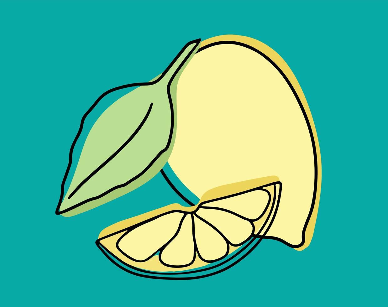 en uppsättning tropiska sommarfrukter. samling av exotiska frukter citroner. hela och skivor av frukt. vektor illustration i linjär stil med färgade fläckar