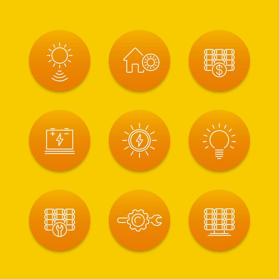 solarenergie, solarenergie, energetik, installation von paneelen, runde liniensymbole, vektorillustration vektor