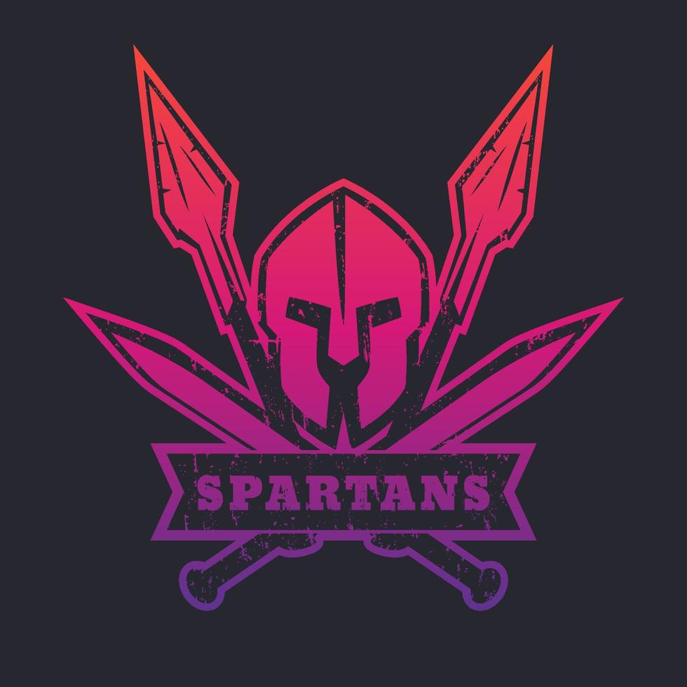 Spartaner, Logo, Abzeichen, T-Shirt-Design mit spartanischem Helm, gekreuzten Schwertern und zwei Speeren vektor