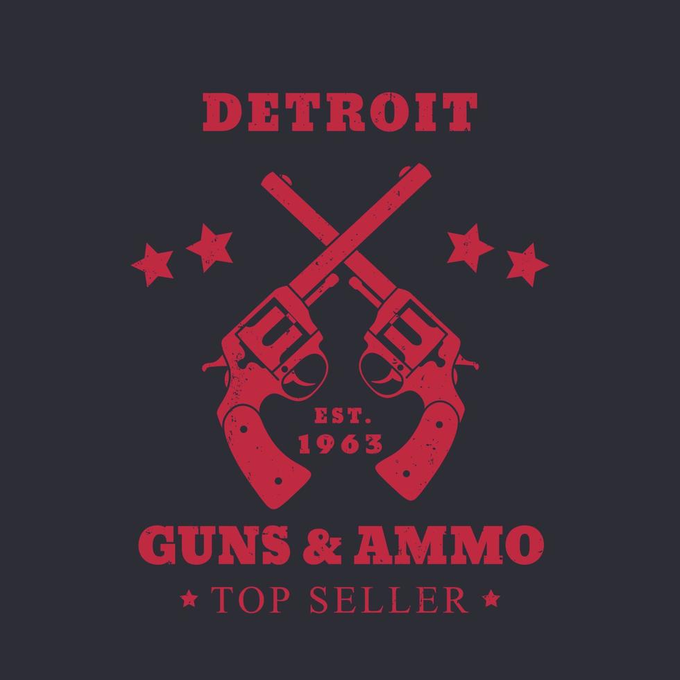 Detroit-Waffen und Munitionsschild, Emblem mit zwei Revolvern, rot auf dunkel, Vektorillustration vektor