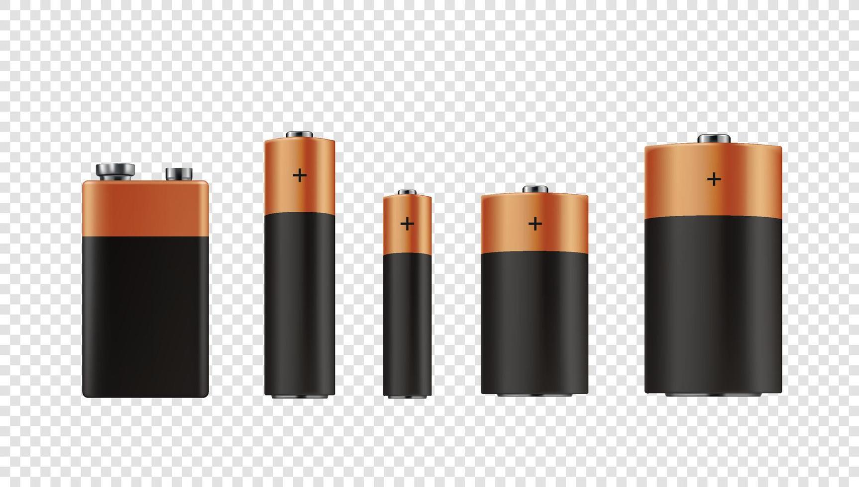 Realistischer Batteriesatz unterschiedlicher Größe. 3D-Vektor-Cliparts vektor