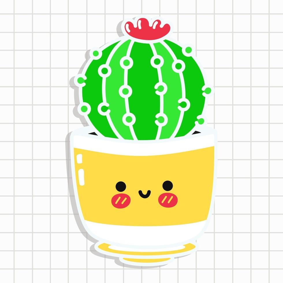 lustiger niedlicher glücklicher Kaktuscharakteraufkleber. Vektor kawaii Linie Cartoon-Stil Illustration. süßer Kaktusaufkleber