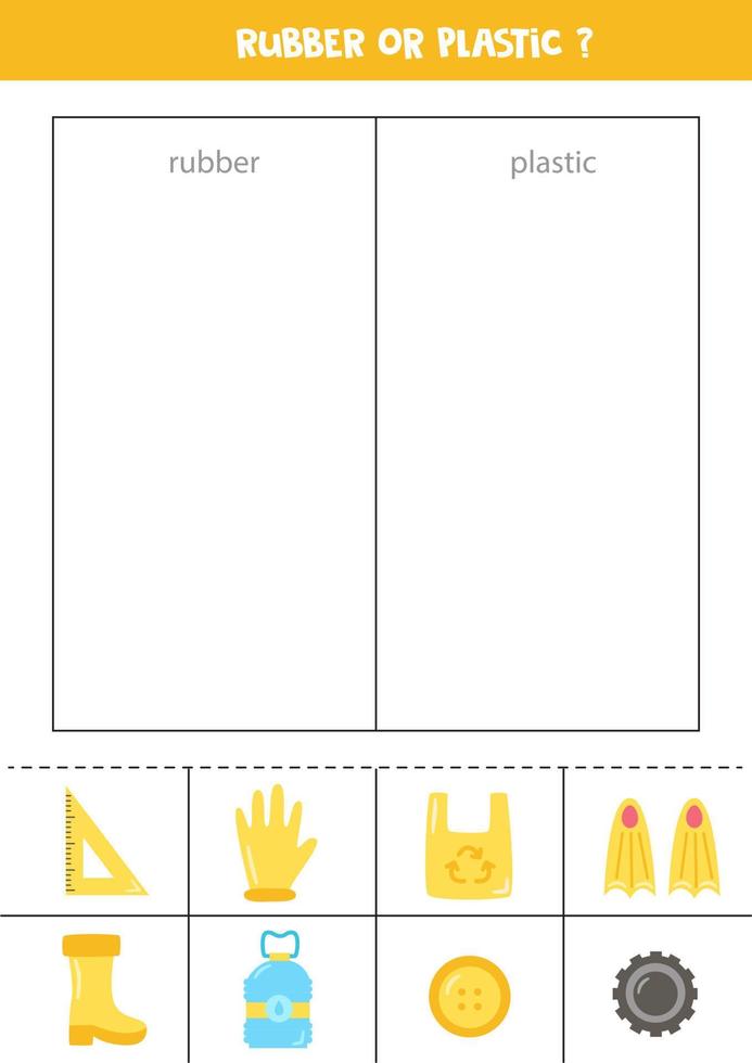 Objekte in Gummi oder Plastik sortieren. Arbeitsblatt für Kinder. vektor
