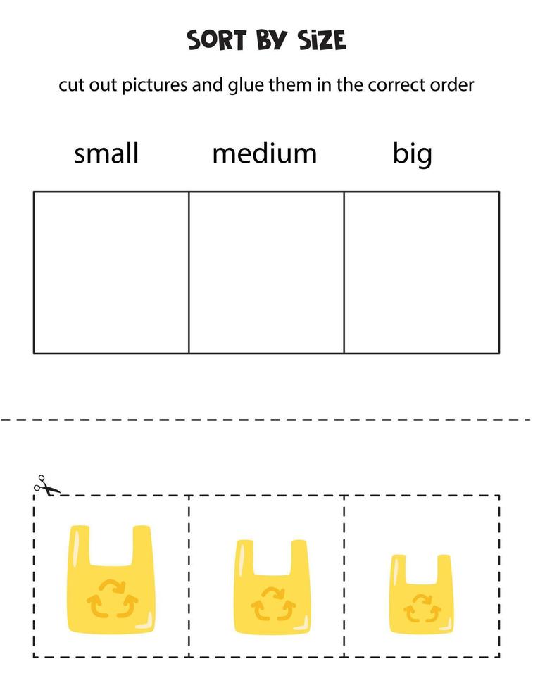 Bilder nach Größe sortieren. pädagogisches Arbeitsblatt für Kinder. vektor