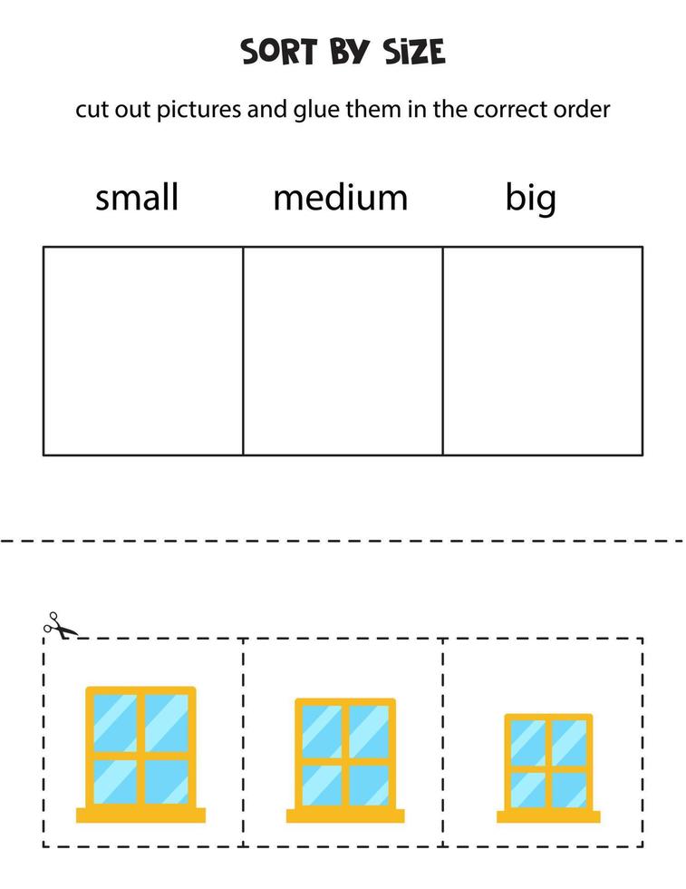 sortera glasfönster efter storlek. pedagogiskt arbetsblad för barn. vektor