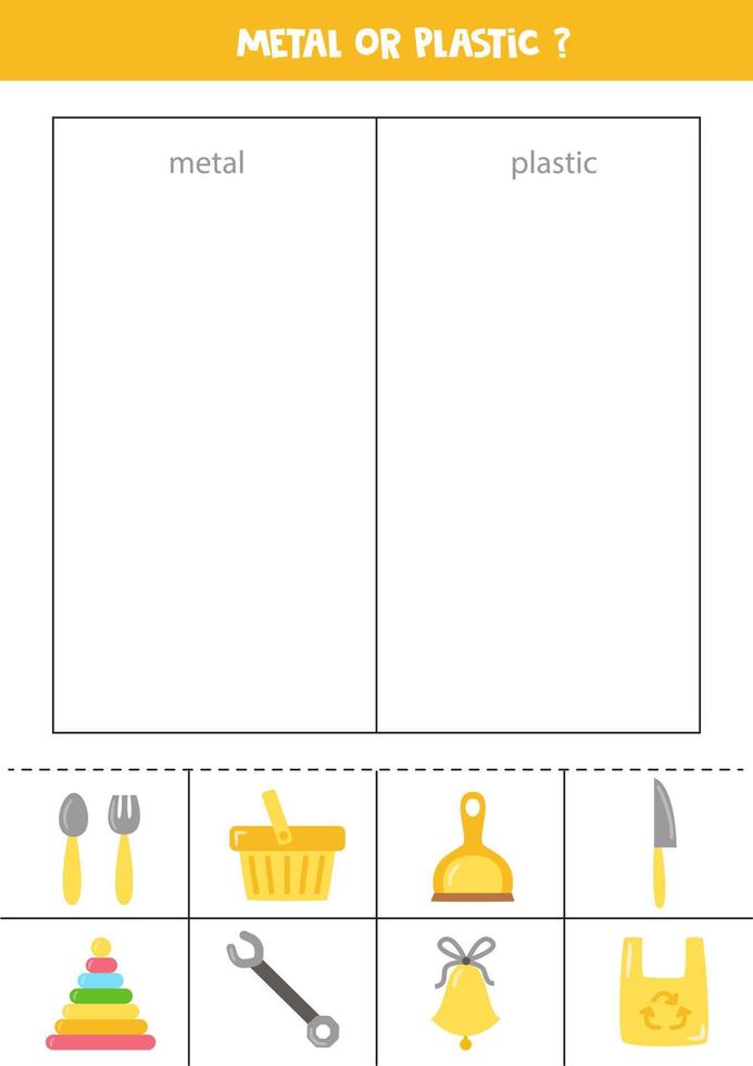 Sortieren von Gegenständen in Metall oder Kunststoff. Arbeitsblatt für Kinder. vektor