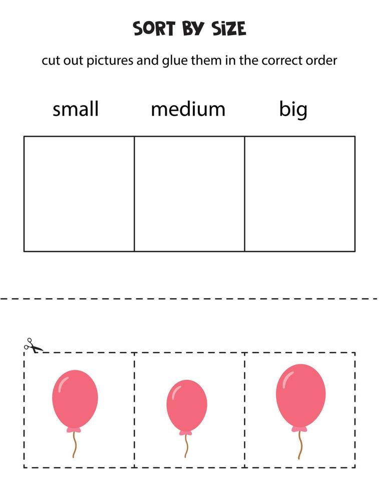 Sortieren Sie rosa Luftballons nach Größe. pädagogisches arbeitsblatt für kinder. vektor