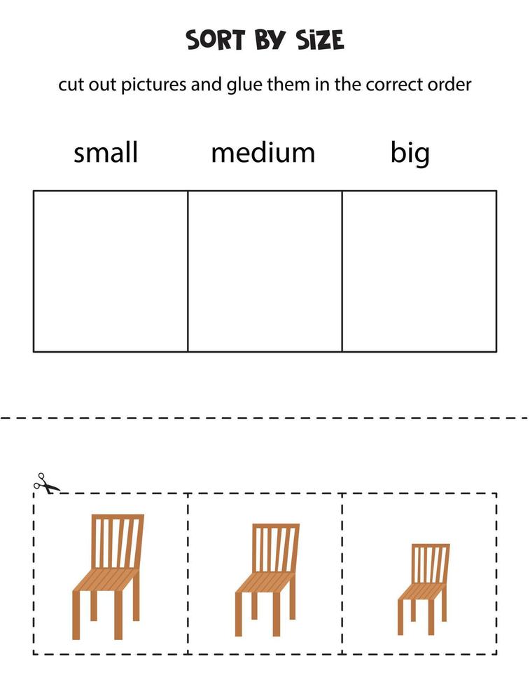 Bilder nach Größe sortieren. pädagogisches Arbeitsblatt für Kinder. vektor