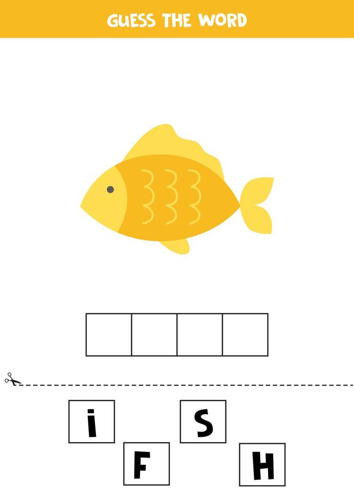 stavningsspel för barn. tecknad gul fisk. vektor