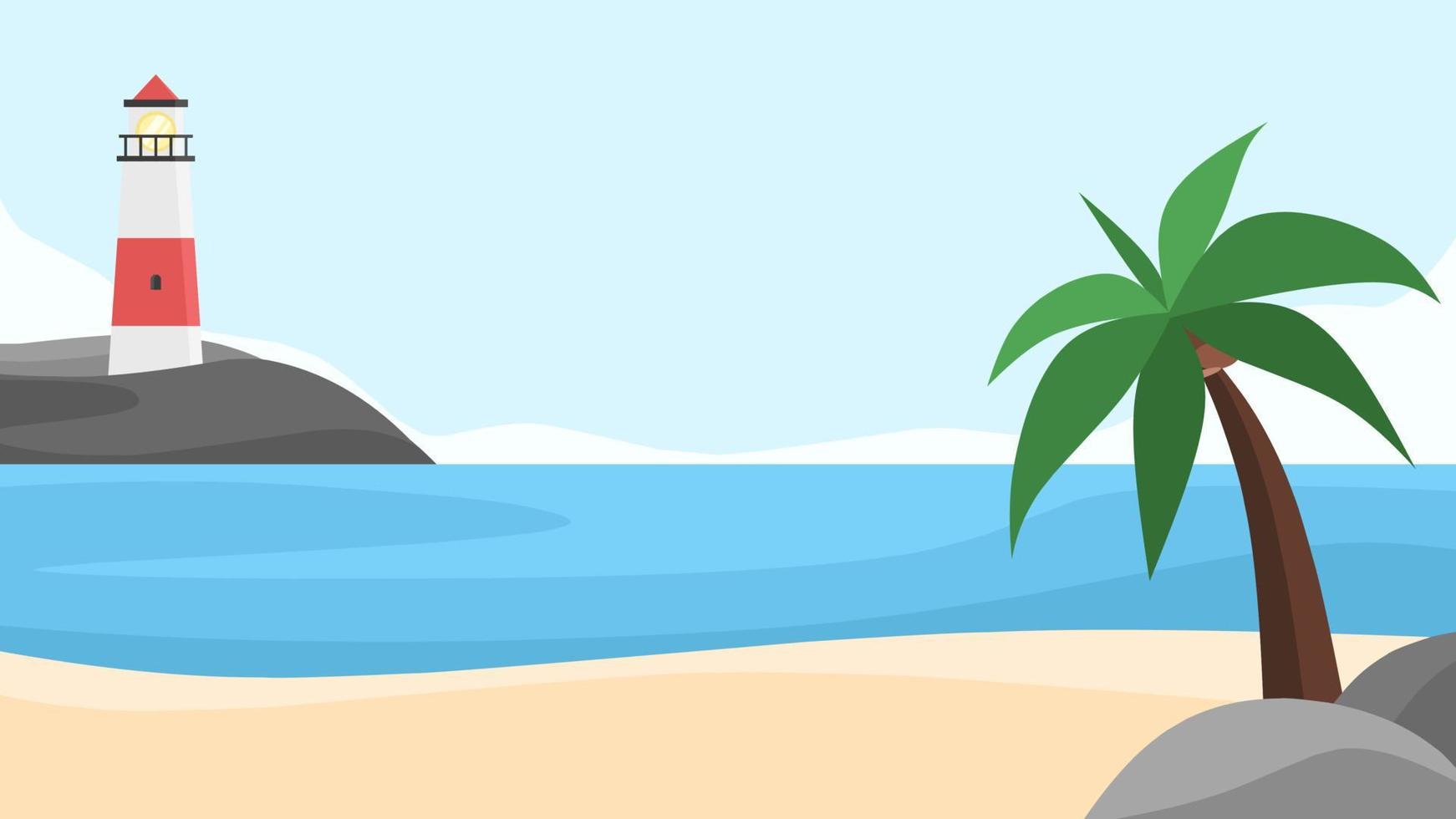 Landschaftsillustration friedlicher Strandhintergrund mit blauem Meer und klarem Himmel, Kokospalmen und Leuchtturm, geeignet für Sommerdesign, Urlaub, Dekoration und mehr vektor