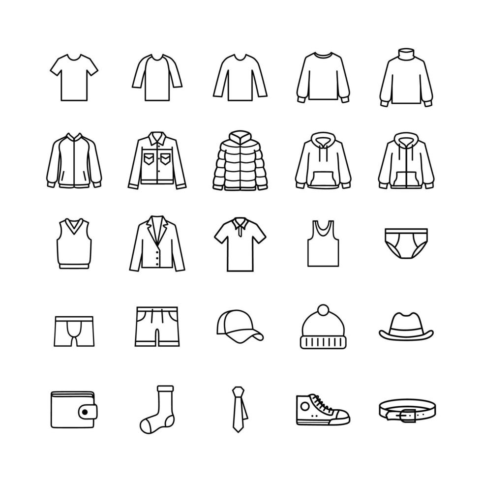 Männermode-Icon-Set. Dieser Inhalt bietet Kleidung, allgemeine Waren usw vektor
