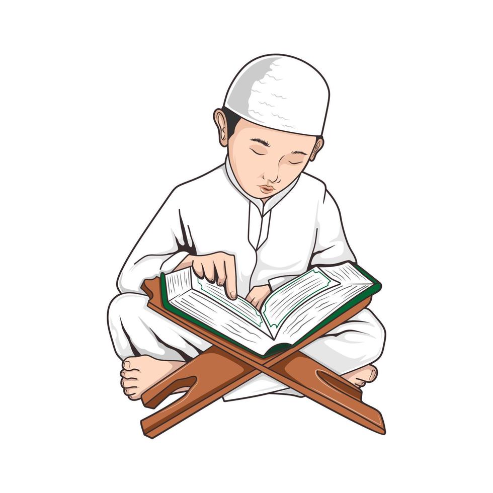 muslimsk man tecknad läser al-Koranen isolerad i platt vektordesign. ramadan kareem och eid mubarak karaktärsdesign. vektor illustration för affisch, gratulationskort, banner, flyer.