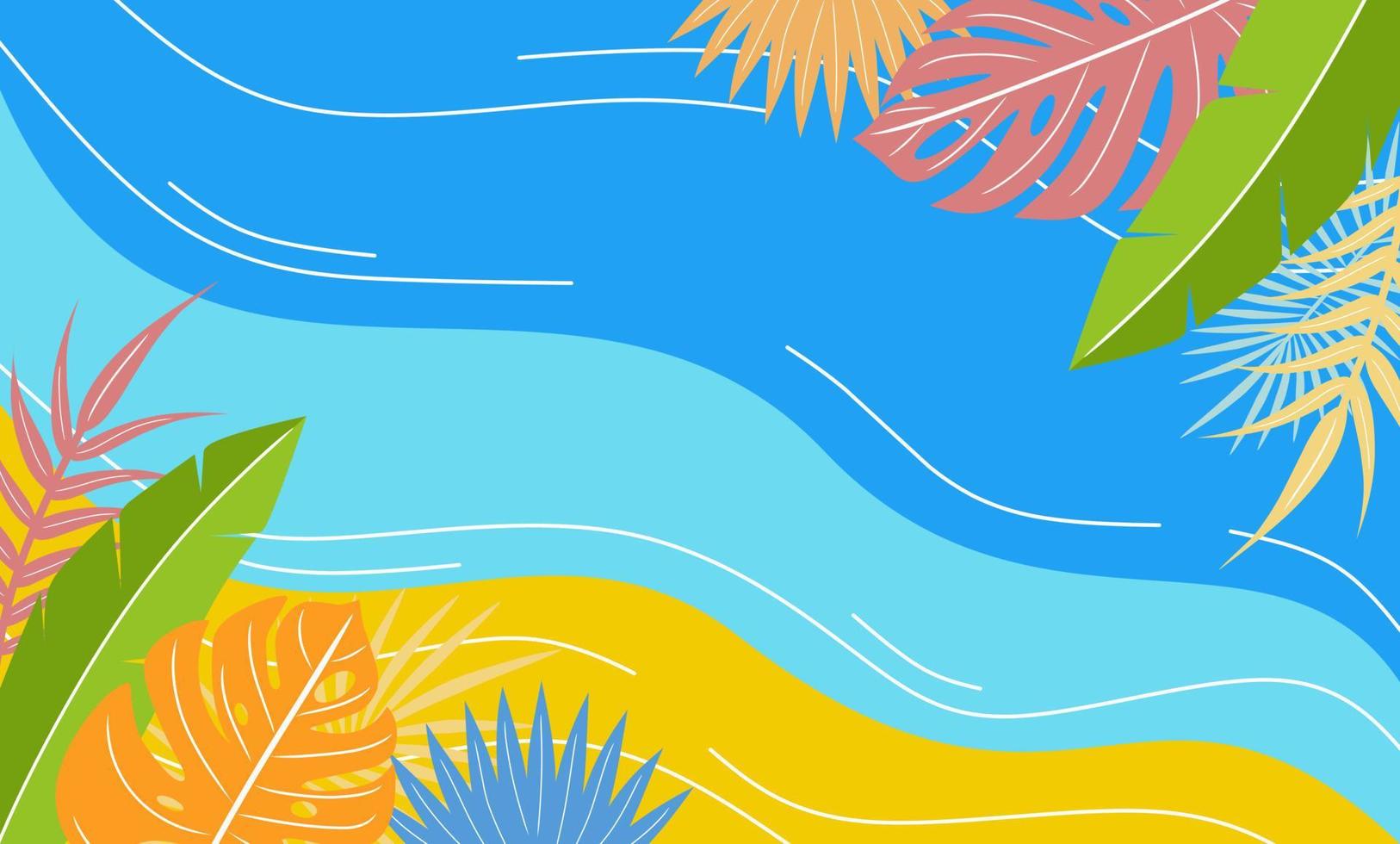 Sommer-Hintergrund-Vektor-Design. hallo sommerkonzeptdesign. abstrakte hintergrundillustration mit wellenlinie und blättern. bunte Fahne vektor