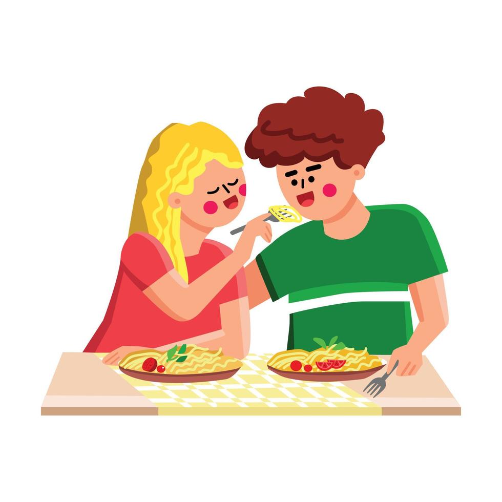 pasta måltid äta pojke och flicka tillsammans vektor