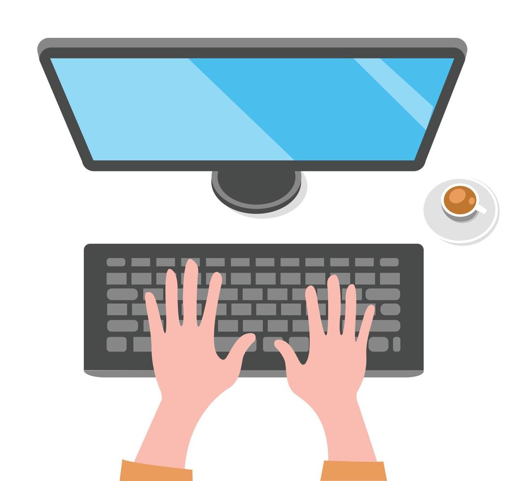 illustration arbetar på datorskärm skrivbord bildskärm blå skärm tangentbord händer tekopp kontor modernt företag digital teknik arbetsyta infografisk enhet designer programmerare skriva mall vektor