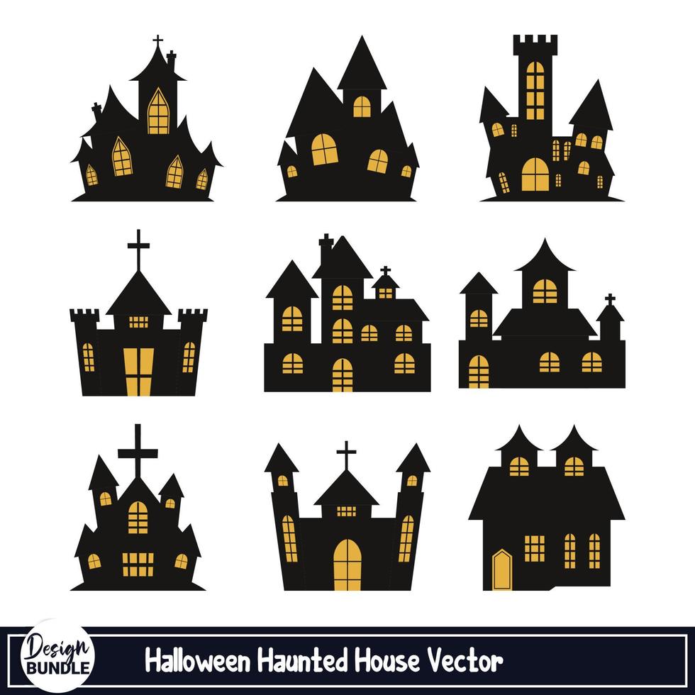 halloween gruseliges spukhaus vektordesign auf weißem hintergrund. Spukhaus-Design mit schwarzem Farbton und gelber Farbe. halloween gruselige hausdesignsammlung. vektor