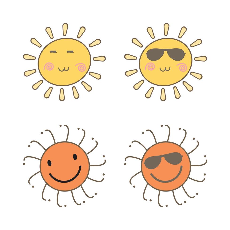 solklistermärke med rund form och orange, röd färg. söt sol med leende ansikte och coola solglasögon. solstråle som kommer ut från solvektordesign. sol vektor sociala medier klistermärke samling.