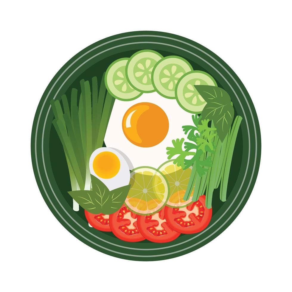 Gemüsevektordesign mit pochiertem Ei, Gemüsesalat mit gekochtem Ei und Tomate, Gemüsesalatvektor mit Zitrone und Gurke. vektor