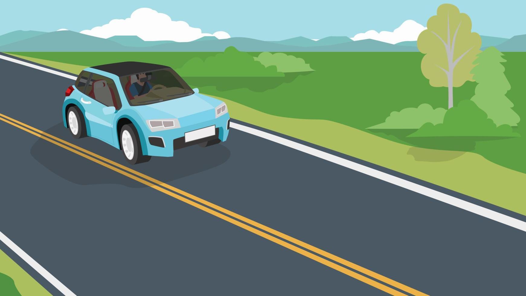 körande man inuti elektriska fordon blå färg på asfaltväg. reseresa på upplandet. gräsmark miljö och stora höga berg bakgrund under blå himmel. vektor