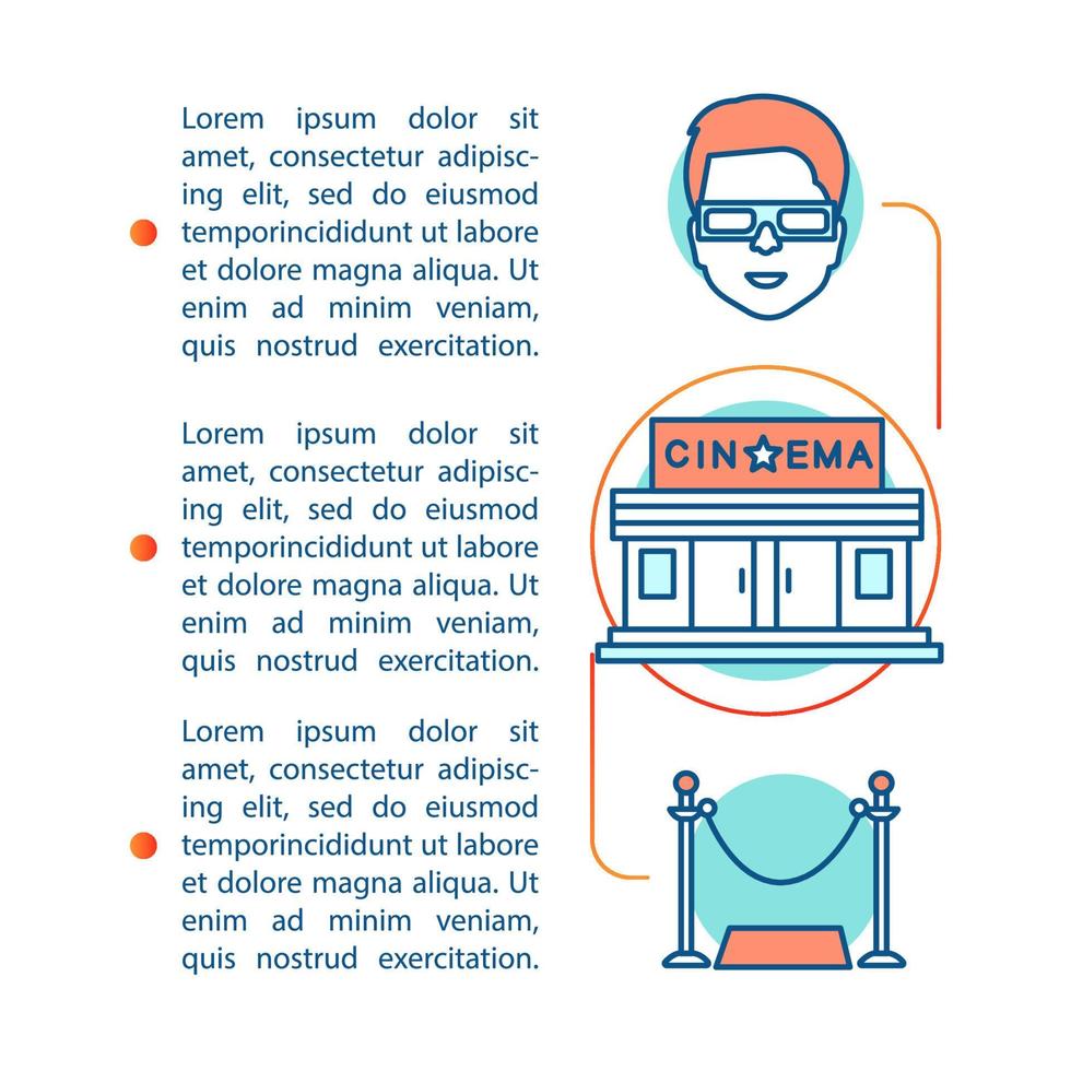 Vektorvorlage für Kinoartikelseiten. 3D-Filmpremiere. Filmereignis Emotionen. broschüre, broschürengestaltungselement mit linearen symbolen und textfeldern. Druckdesign. konzeptillustrationen mit textraum vektor