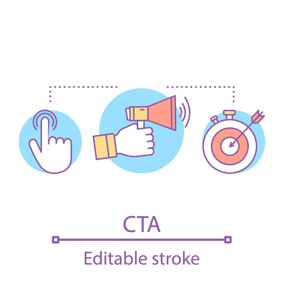 CTA-Konzept-Symbol. Call-to-Action-Idee dünne Linienillustration. Werbekampagne. Sofortverkauf. Marketing-Tools, Metriken. Vektor isoliert Umrisszeichnung. editierbarer Strich