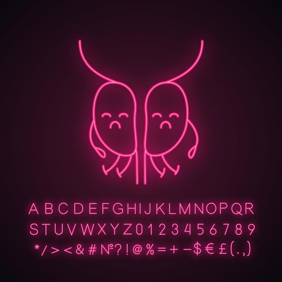 Symbol für Neonlicht mit traurigem Prostatacharakter. Männer Gesundheit. Erkrankungen der männlichen Fortpflanzungsorgane. leuchtendes zeichen mit alphabet, zahlen und symbolen. vektor isolierte illustration