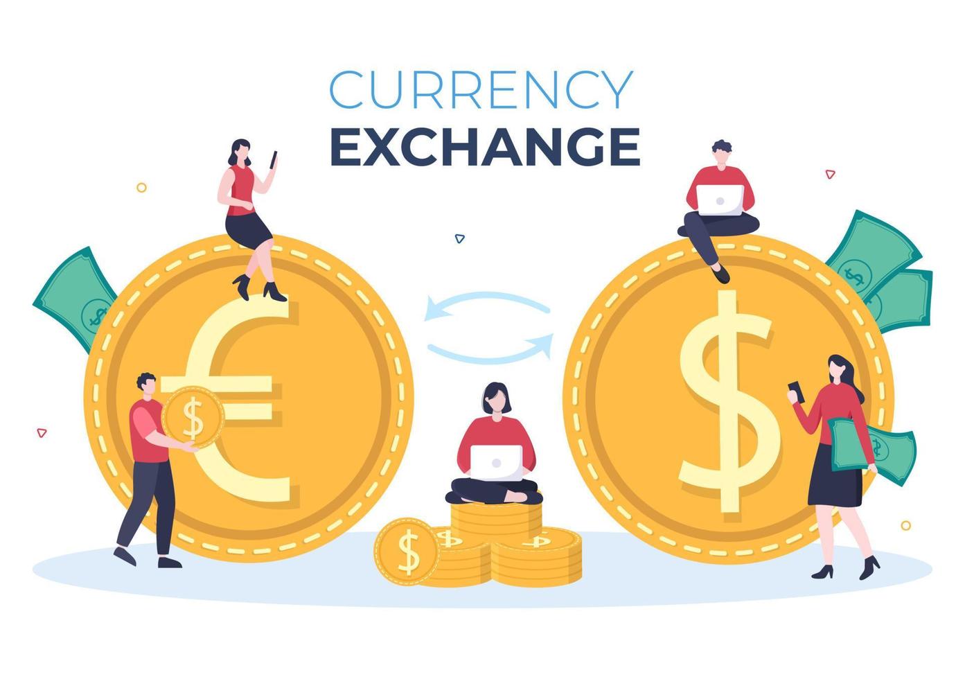 World Currency Exchange Services Cartoon Illustration Online-Wirtschaftsanwendungen für Kryptografie, Euro, Dollar mit Transaktionscode vektor