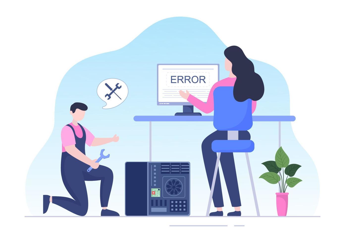 datorreparation eller service platt tecknad illustration med verktyg reparatörelektronik för för dataåterställningscenter och krasch på pc vektor
