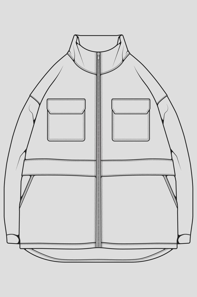 windjacke technische modeillustration skizze, lange ärmel, paspeltaschen. Schablonenvorderskizzenjacke, mit grauem Farbhintergrund. Damen, Herren, Unisex. vektor