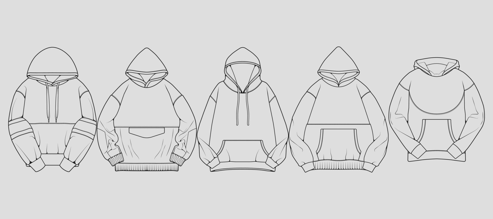 Satz von Hoodie übergroßen Umrisszeichnungsvektor, Hoodie übergroß in einem Skizzenstil, Turnschuhvorlagenumriss, Vektorillustration vektor