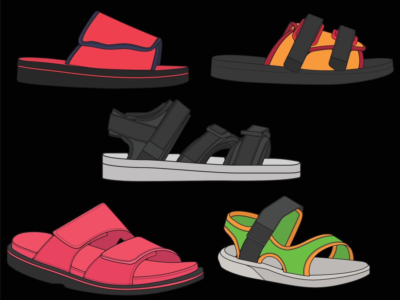 mode sandal vektor set illustration med svart bakgrund. sommar set sko av sandal tecknad. isolerade uppsättning tecknade sommarskor.