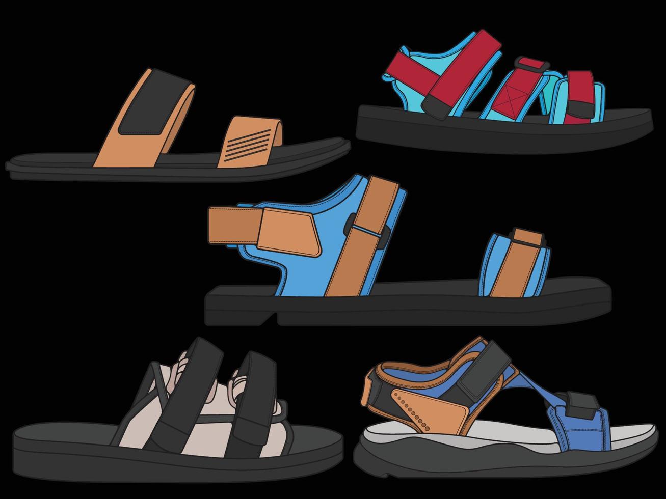 gesetzte Illustration des Modesandalenvektors mit schwarzem Hintergrund. sommer satz schuh von sandalenkarikatur. isolierte set cartoon sommerschuhe. vektor